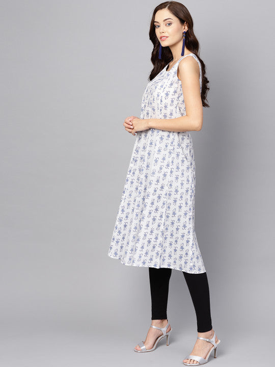 Women White & Blue Printed A-Line Kurta