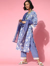 Yufta Women Blue Floral Printed Pure Cotton Kurta with Trousers & With Dupatta