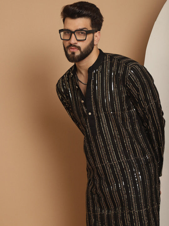 Anouk Black Striped Band Collar Sequinned Detailed Cotton Straight Kurta