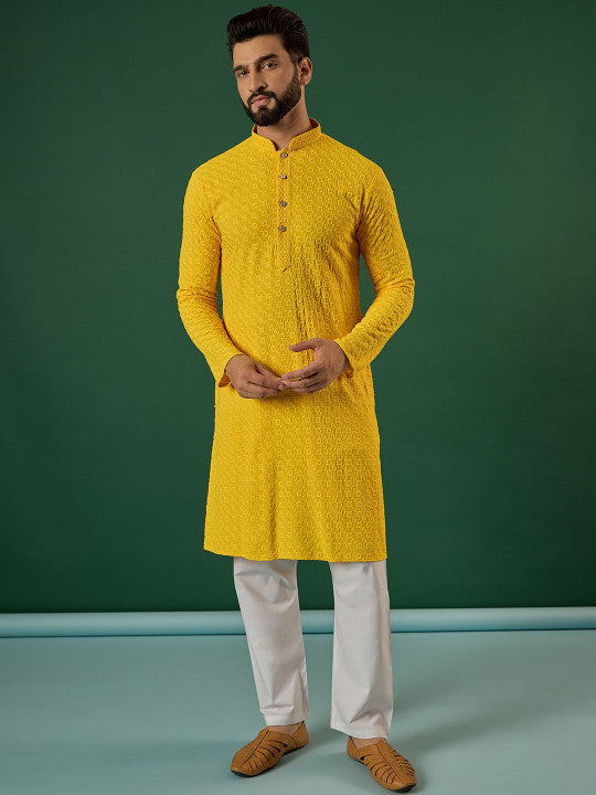 Anouk Geometric Embroidered Mandarin Collar Sequinned Straight Kurta