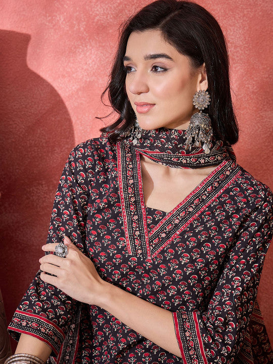 Floral Printed Pure Cotton Straight Kurta & Palazzos With Dupatta