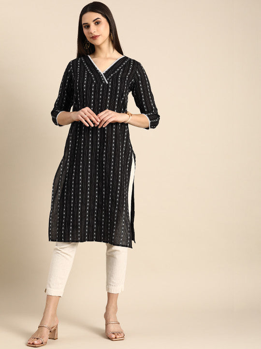 anayna Women Woven Design Striped Straight Kurta
