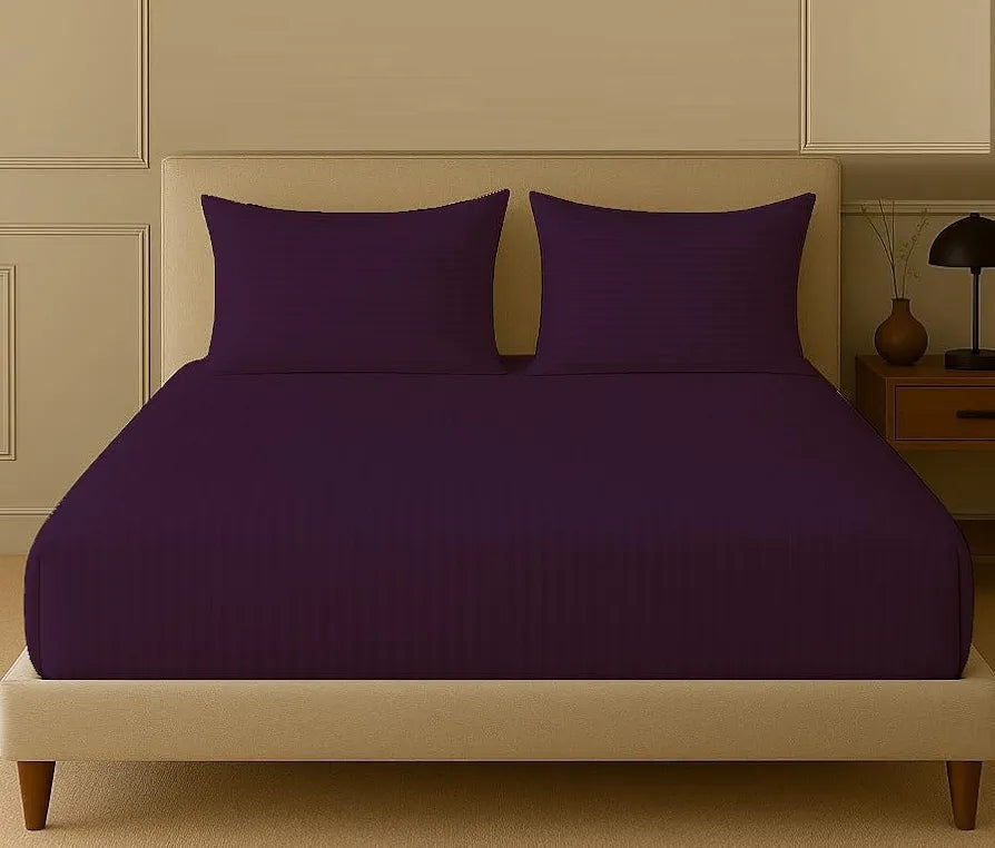 Trance Home Linen 100% Cotton 78x60 inch Queen Fitted 200TC Satin Stripe Elastic Fitted Bedsheet | Daily Use Double Bed Fitted Bedspread with 2 Pillow Covers 