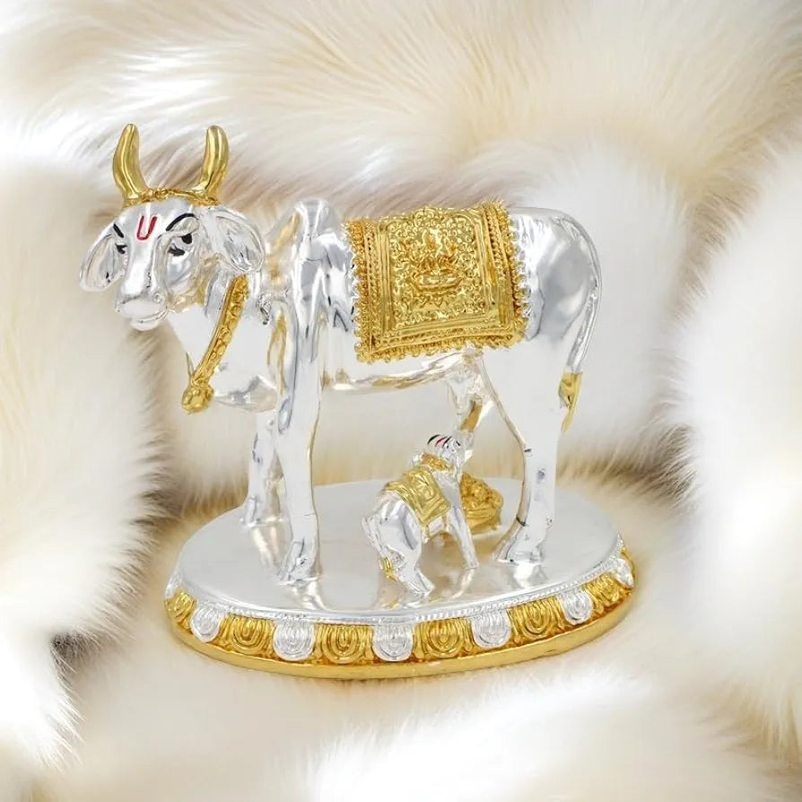JAIPUR ACE Kamdhenu Cow with Calf Statue, Standard Size, Golden   