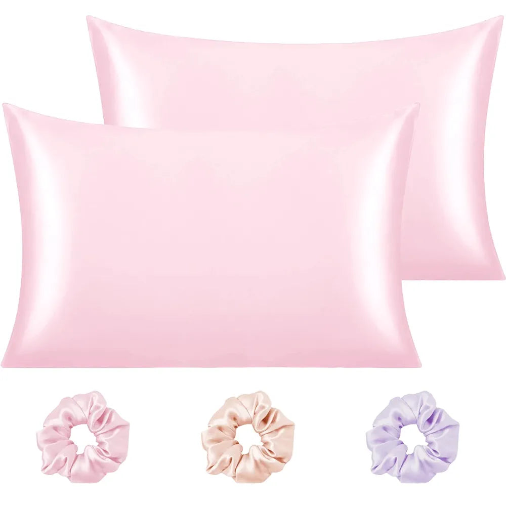 Cloth Fusion Satin Pillow Cover Set of 2 for Hair and Skin Care, Perfect Pillow case with 3 Satin Soft Scrunchies for Women 