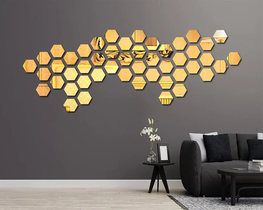 Bikri Kendra - Hexagon Stickers for Wall,Hexagon Wall Stickers,Acrylic Wall Decor, Hexagonal Mirror Wall Sticker, 