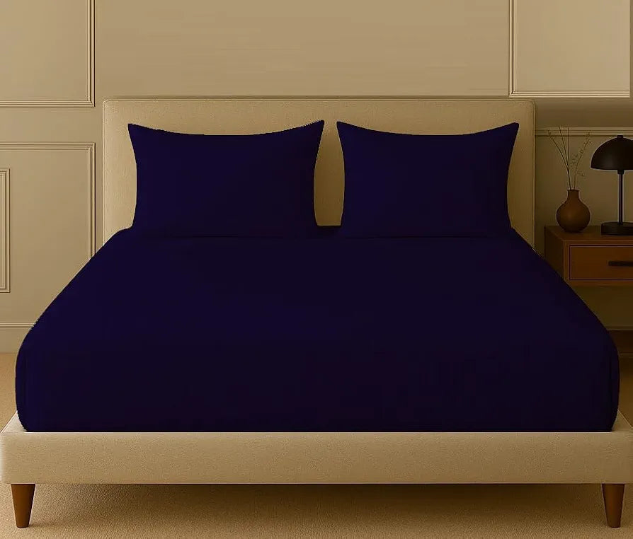 Trance Home Linen 100% Cotton 72x60 inch 200TC Satin Stripe Elastic Fitted Bedsheet | Daily Use Double Bed Fitted Bedspread with 2 Pillow Covers 