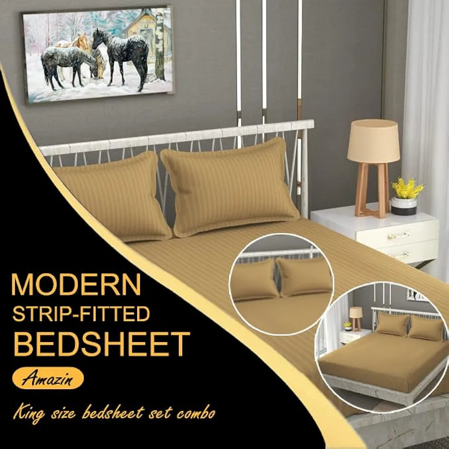 FRESH FROM LOOM 240 Tc Satin Striped King Size Soft Fitted Bedsheet with Two Pillow Cover | Elastic Fitted Bed Sheets | Hypoallergenic , Light Brown