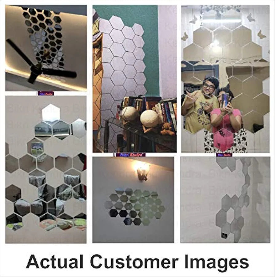 Bikri Kendra - Hexagon 24 Silver Stickers for Wall, Acrylic Mirror, Decor Sticker, Wall Mirror Stickers, Acrylic,