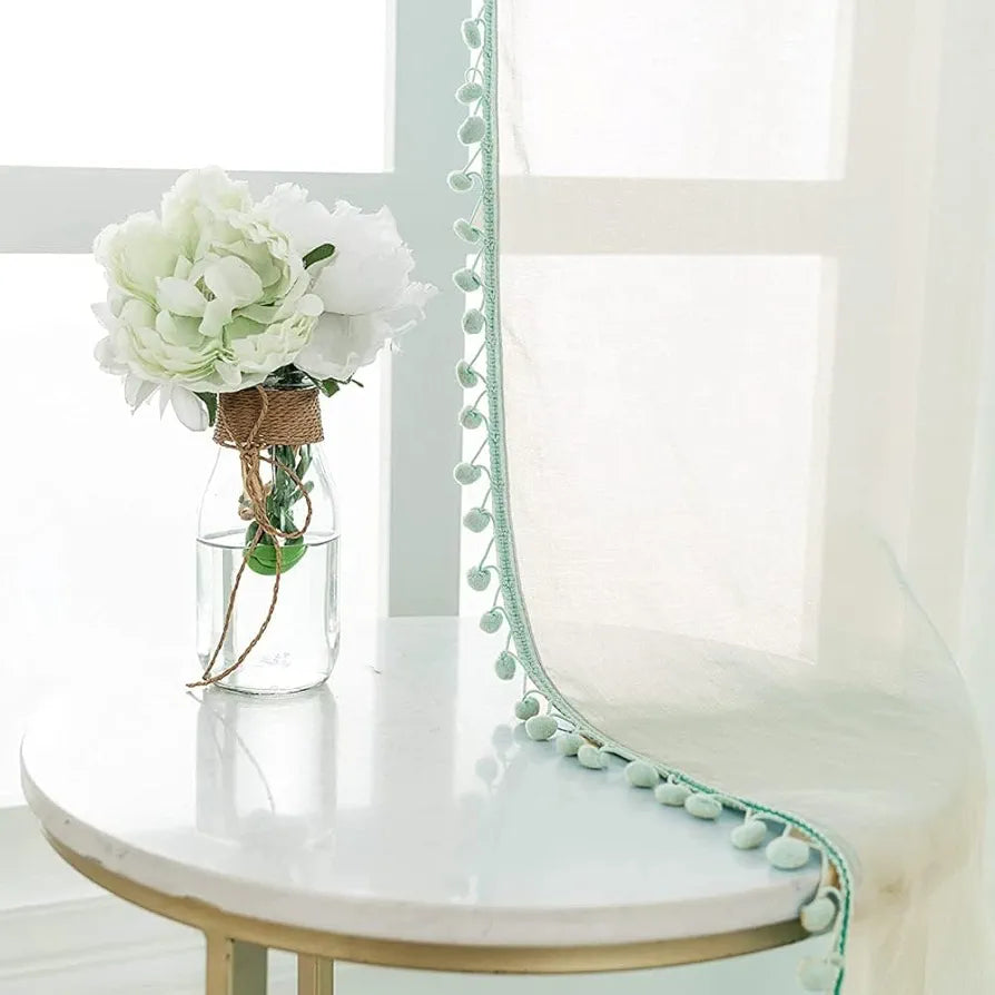 Urban Space Linen Textured Sheer Curtain for Door, 35-40% Room Darkening, Decorative Curtains with Tieback, Eyelets Hanging Style, Set of 2 Curtains - Mint Green with pom pom 
