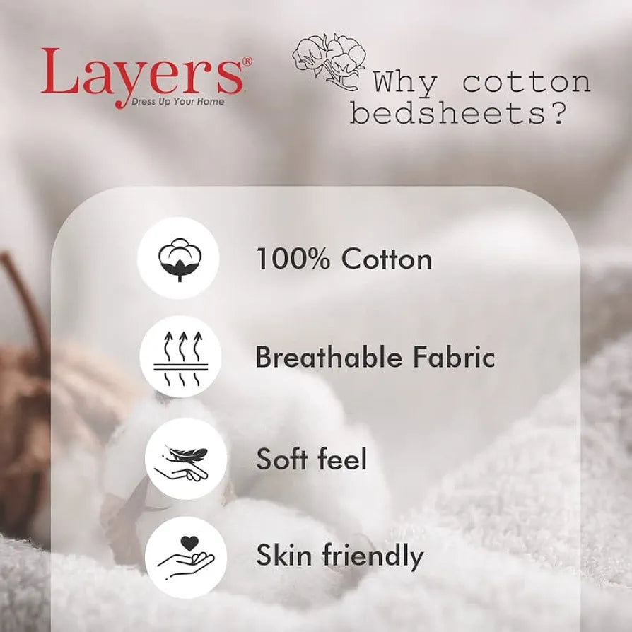 Layers 100% Cotton 144TC Elastic Fitted Bedsheet for Double Bed King Size with 2 Pillow Covers, , All Round Elastic, Moisture Absorbent, All Season Comfort - Be Bold Collection