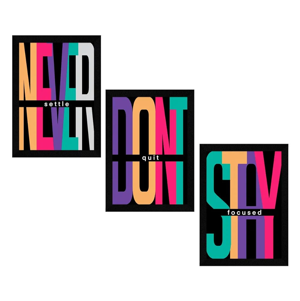 ArtX Paper Never Settle Motivational Quotes Wall Frames, Inspiring Quotes For Home, Office and Study Room Decor, Multicolor Framed Posters, Set of 3