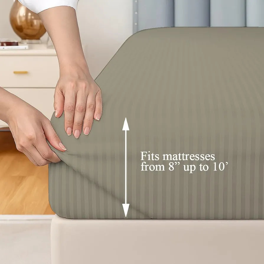 Trance Home Linen 100% Cotton 78x60 inch Queen Fitted 200TC Satin Stripe Elastic Fitted Bedsheet | Daily Use Double Bed Fitted Bedspread with 2 Pillow Covers 