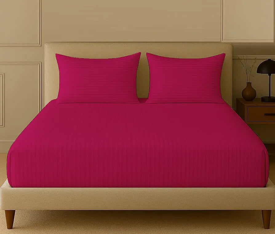 Trance Home Linen 100% Cotton 78x66 inch 200TC Satin Stripe Elastic Fitted Bedsheet | Daily Use Double Bed Fitted Bedspread with 2 Pillow Covers 