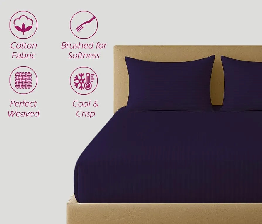 Trance Home Linen 100% Cotton 78x60 inch Queen Fitted 200TC Satin Stripe Elastic Fitted Bedsheet | Daily Use Double Bed Fitted Bedspread with 2 Pillow Covers 