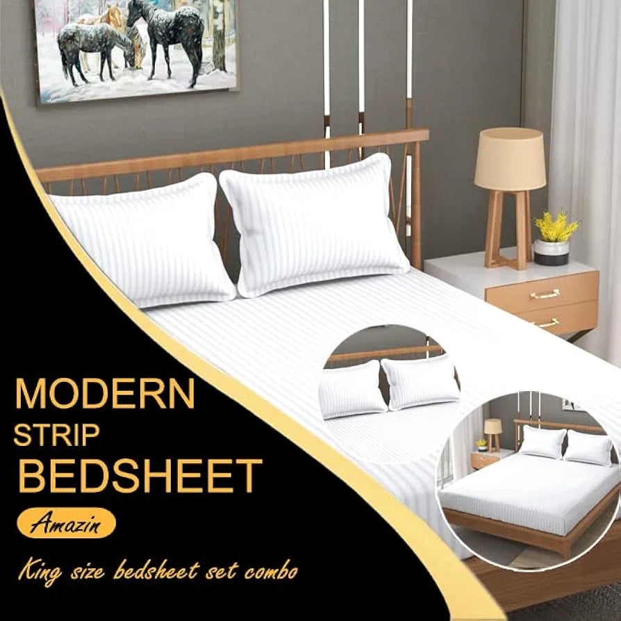 FRESH FROM LOOM 300 TC Microfiber Wrinkle Resistant|Soft Skin Safe|Breathable Queen Size Flat Striped Bedsheets|All Season Soft Fabric|Double Bedsheet Set with 2 Pillow Covers 