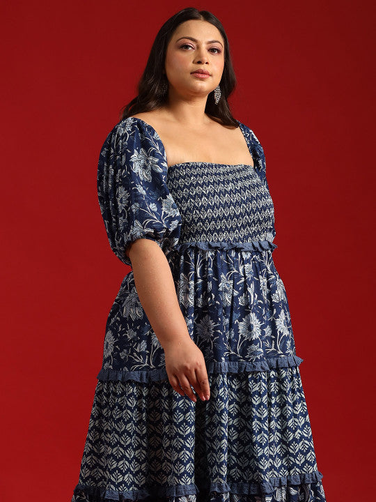anayna Blue Floral Ethnic A-Line Cotton Midi Ethnic Dress