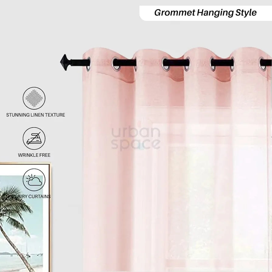 Urban Space Linen Textured Sheer Curtain for Door, 35-40% Room Darkening Curtain with Tieback and Eyelet Hanging Style, Set of 2 Decorative Curtains, Salmon Pink 