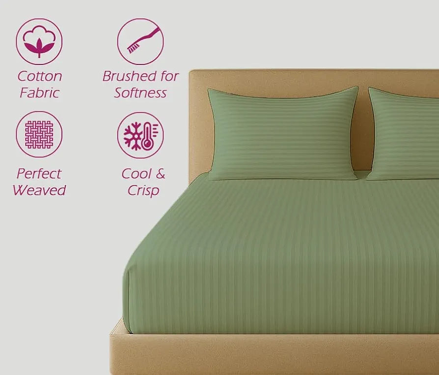 Trance Home Linen 100% Cotton 78x66 inch 200TC Satin Stripe Elastic Fitted Bedsheet | Daily Use Double Bed Fitted Bedspread with 2 Pillow Covers 