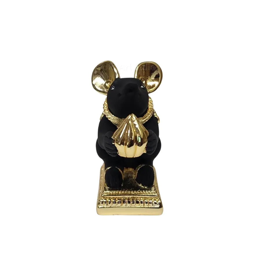 Gold Art India Gold-Plated Mushak  Mouse with Modak | Black Terracotta Finish | Mouse Idol | Vehicle  of Lord Ganesha | 2.5 Inch Height | Home Decor, Mandir Pooja Room, Office Desk