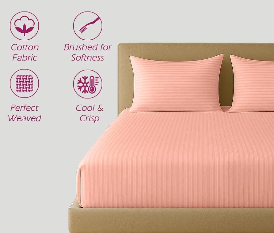 Trance Home Linen 100% Cotton 78x60 inch Queen Fitted 200TC Satin Stripe Elastic Fitted Bedsheet | Daily Use Double Bed Fitted Bedspread with 2 Pillow Covers 