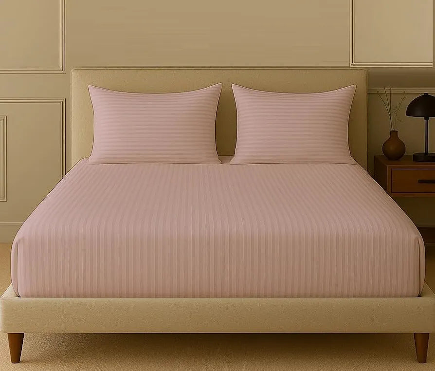 Trance Home Linen 100% Cotton 78x60 inch Queen Fitted 200TC Satin Stripe Elastic Fitted Bedsheet | Daily Use Double Bed Fitted Bedspread with 2 Pillow Covers 