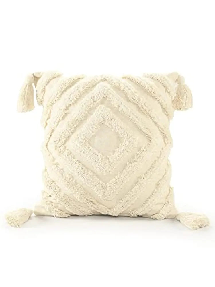 SASHAA WORLD Tasselled and Tufted Cushion Cover | Decorative Throw Pillow for Sofa or Bed | Boho Style Diamond Pattern, Cotton with Zipper Closure for Home Décor | 16x16 inches, Ivory