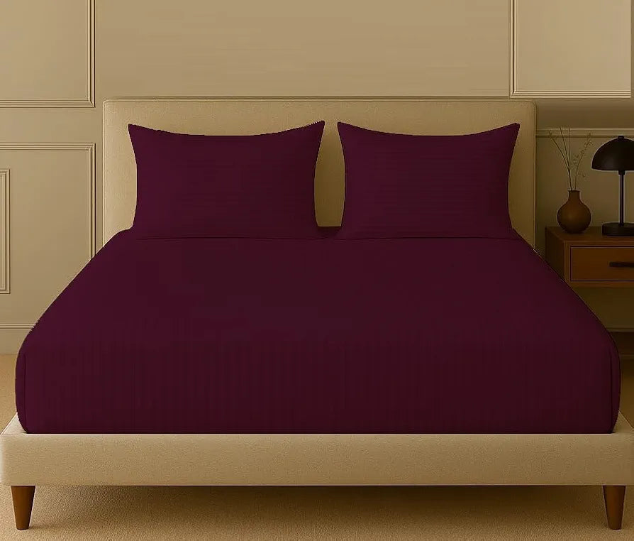 Trance Home Linen 100% Cotton 78x66 inch 200TC Satin Stripe Elastic Fitted Bedsheet | Daily Use Double Bed Fitted Bedspread with 2 Pillow Covers 