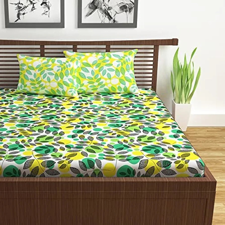 Divine Casa - 144 TC Super Soft Cotton Bedsheet for Double Bed  144 Thread Count - Floral, Green & Yellow| 222 x 254 cm