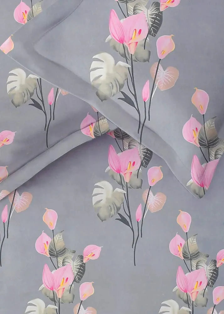 Premium Cotton Elastic Fitted Bedsheets with 2 King Size Pillow Covers Double Bed with All Around Elastic Supersoft Size - 72 x 78 +10 inches Flower Print Pink and Grey 200 tc - 220 tc