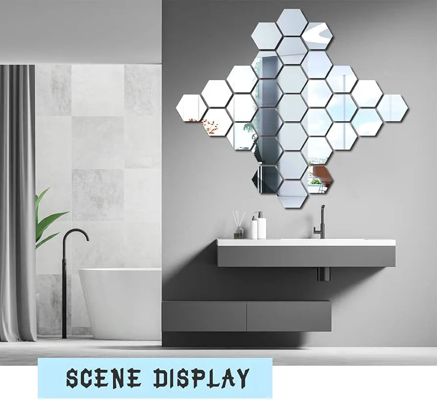 Bikri Kendra - 28 Hexagon Silver with 20 Butterfly Stickers for Wall, Mirror Stickers, 3D Acrylic Stickers Wall Stickers