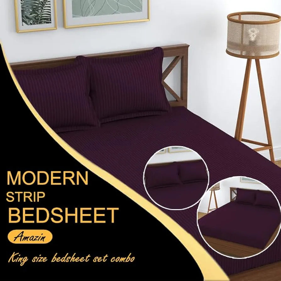 FRESH FROM LOOM Microfiber Wrinkle Resistant|Soft Skin Safe|Breathable Queen Size Flat Striped Bedsheets|Hotel & Home|Double Bedsheet Set With 2 Pillow Covers 144 TC 