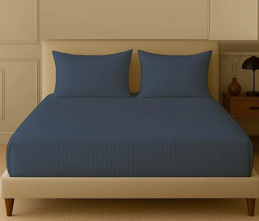 Trance Home Linen 100% Cotton 78x60 inch Queen Fitted 200TC Satin Stripe Elastic Fitted Bedsheet | Daily Use Double Bed Fitted Bedspread with 2 Pillow Covers 