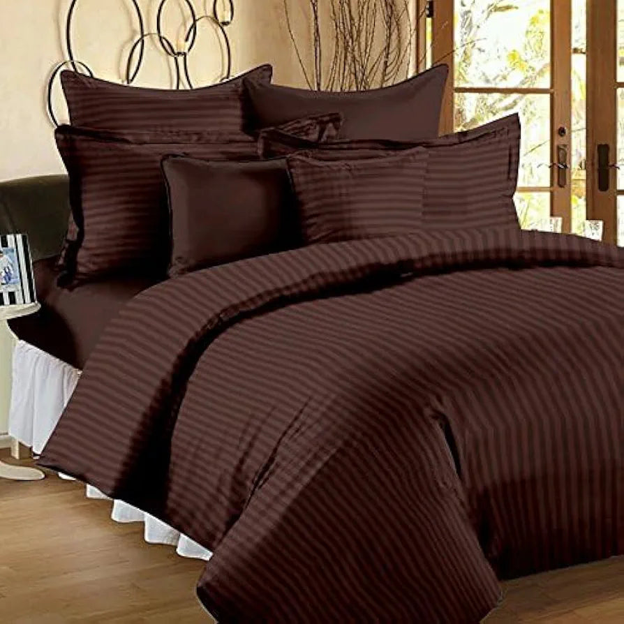 Microfiber Flat Double Bed Bedsheet| Plain Striped Cotton Bedsheet with 2 Pillow Covers for King Size Bed| Supersoft 340 TC| Breathable| Wrinklefree| Size: Size: 90x100 inch| Coffee Color