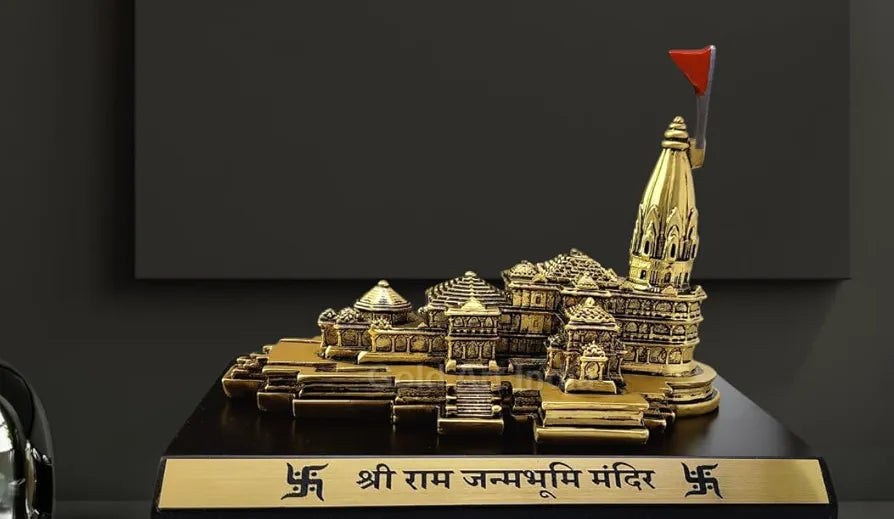 Gold Art India Ram Mandir Ayodhya Gold Plated Antique Matte - Minature for Car Dashboard, Gifting, Puja Room, Office Desk, Home Decor 