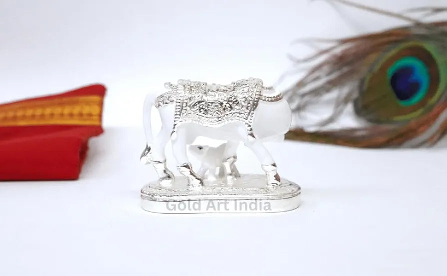Gold Art India Kamdhenu Cow with Calf Idol White & Silver Plated Finish | Home Decor Gaay Bachda Cow |Calf for Vastu | Positive Energy | Wealth Idol Diwali Puja