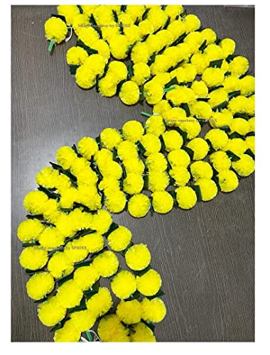 SPHINX Artificial Marigold Fluffy Flowers Garlands for Decoration - Pack of 5 (Yellow with Green Leaves, 5 ft)