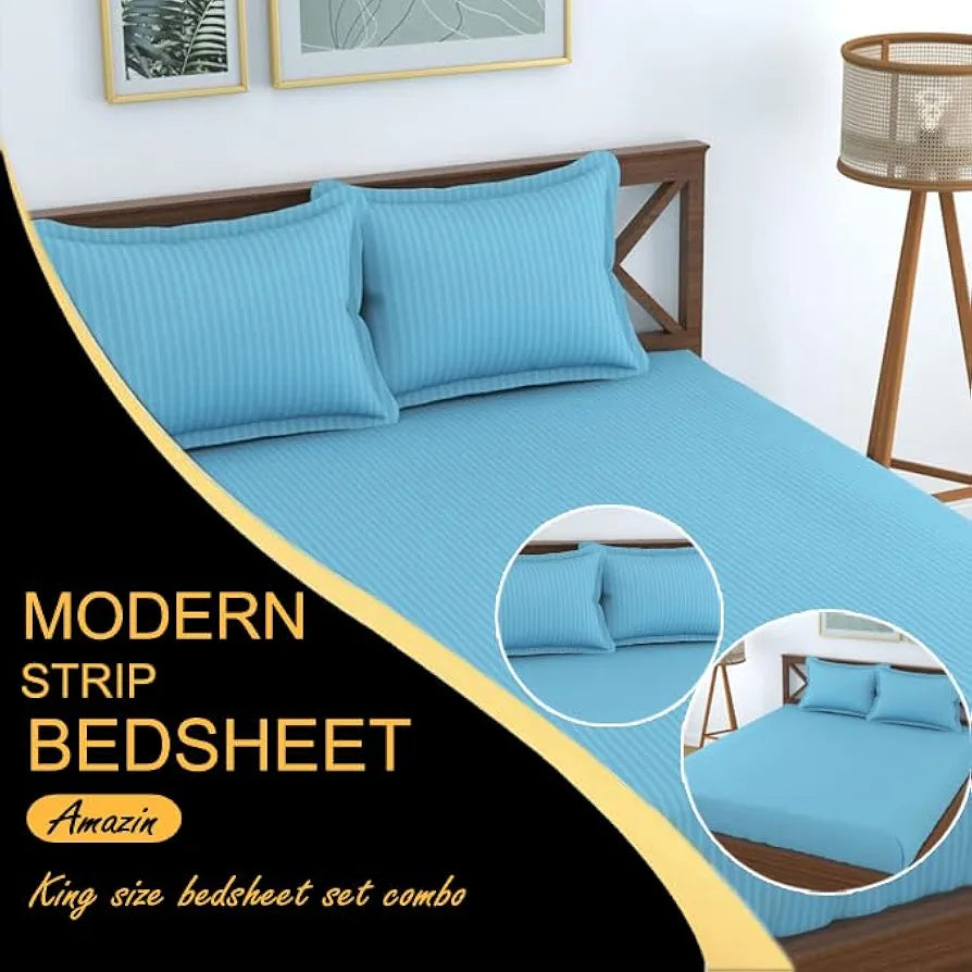 FRESH FROM LOOM Microfiber Wrinkle Resistant | Soft Skin Safe | Breathable Queen Size Flat Striped Bedsheets | Hotel & Home | Double Bedsheet Set with 2 Pillow Covers , 144 TC
