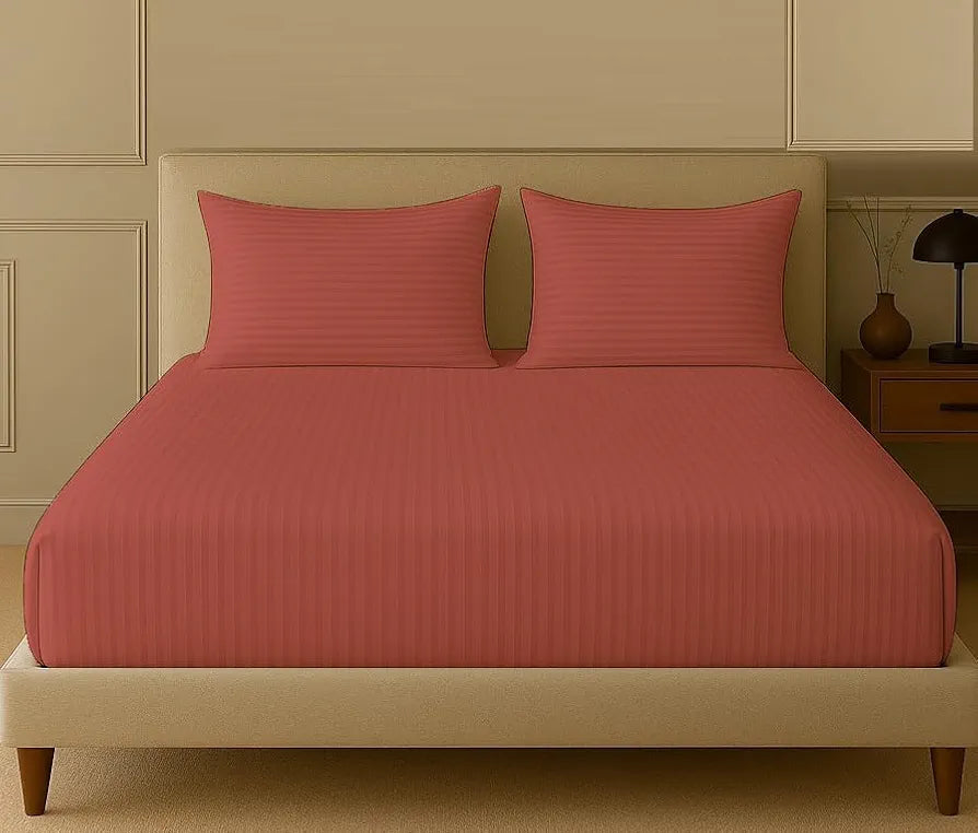 Trance Home Linen 100% Cotton 78x72 inch King Fitted 200TC Satin Stripe Elastic Fitted Bedsheet | Bedroom Hotels Daily Use Fitted Bedspread with 2 Pillow Covers 