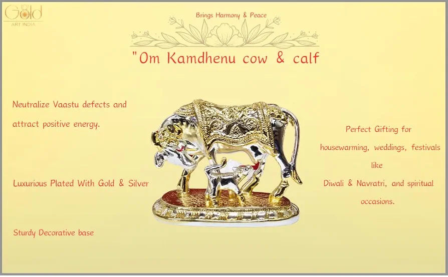 Gold Art India Om Kamdhenu Cow with Calf for Gold & Silver Plated | Home Decor | Gaay Bachda Cow and Calf for Vastu | Positive Energy | Wealth |