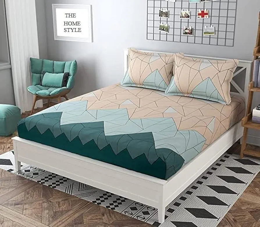 THE HOME STYLE Cotton Feel Glace Cotton Printed King Size Double Bed Bedsheet With 2 Pillow Cover 300 TC_90X100 Inches 