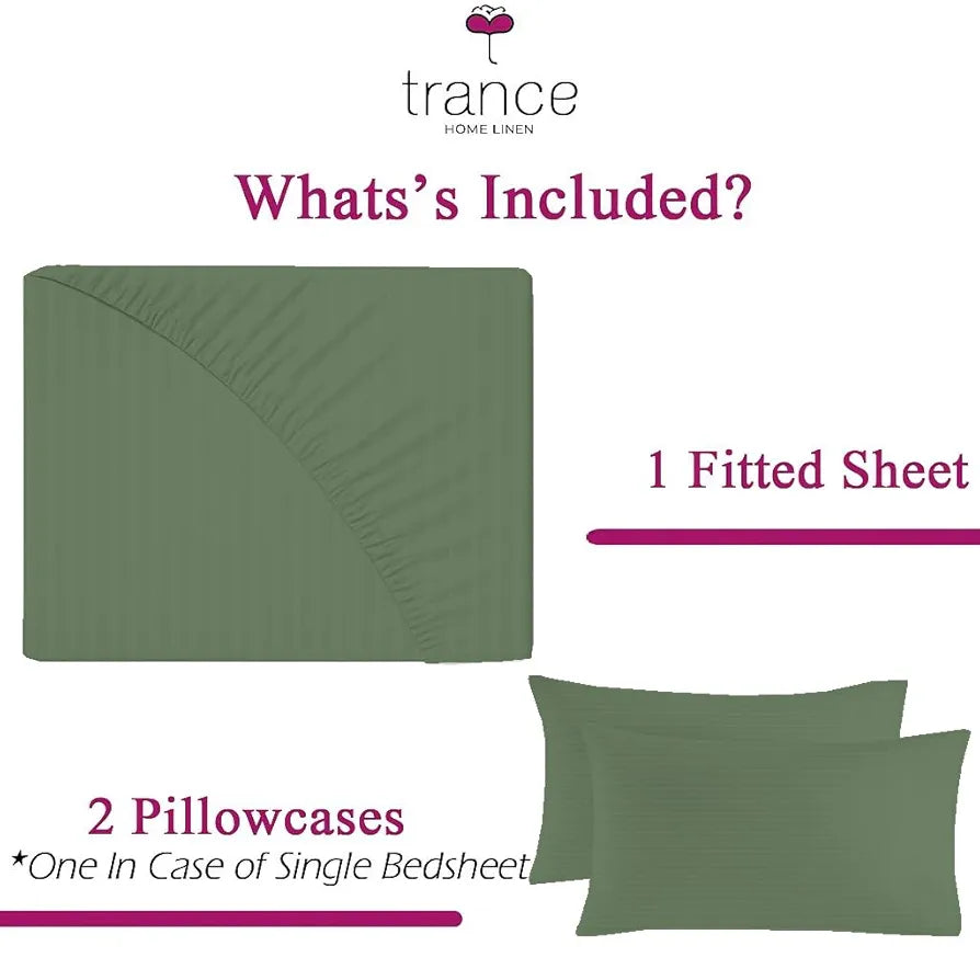 Trance Home Linen 100% Cotton 78x72 inch King Fitted 200TC Satin Stripe Elastic Fitted Bedsheet | Bedroom Hotels Daily Use Fitted Bedspread with 2 Pillow Covers 