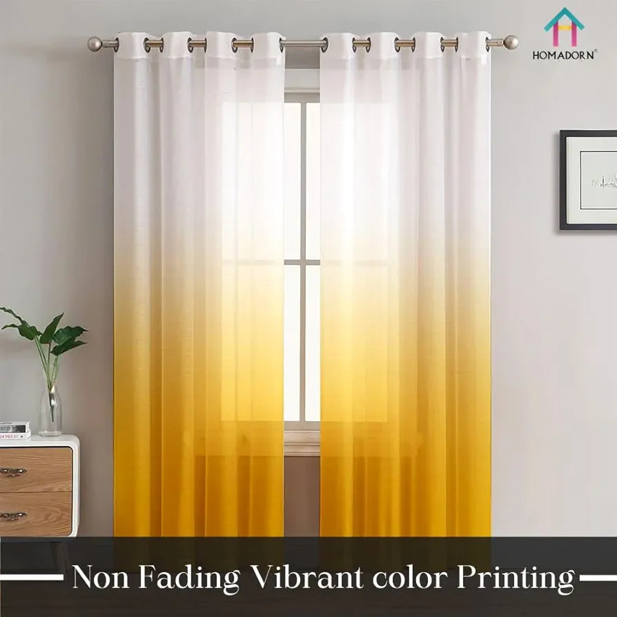 HOMADORN Ombre Printed Linen Textured Sheer Curtains for Living Room, Bedroom, Dining Room, Kitchen, Bathroom 