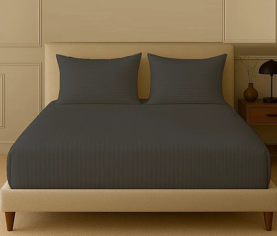 Trance Home Linen 100% Cotton 75x60 inch 200TC Satin Stripe Elastic Fitted Bedsheet | Daily Use Double Bed Fitted Bedspread with 2 Pillow Covers 