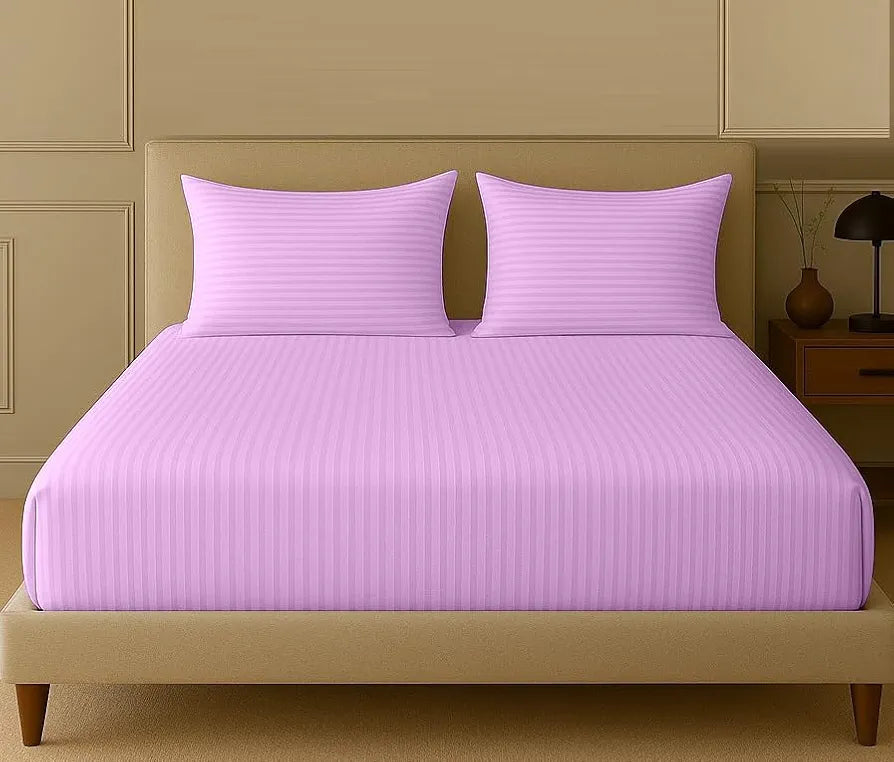 Trance Home Linen 100% Cotton 78x72 inch King Fitted 200TC Satin Stripe Elastic Fitted Bedsheet | Bedroom Hotels Daily Use Fitted Bedspread with 2 Pillow Covers 