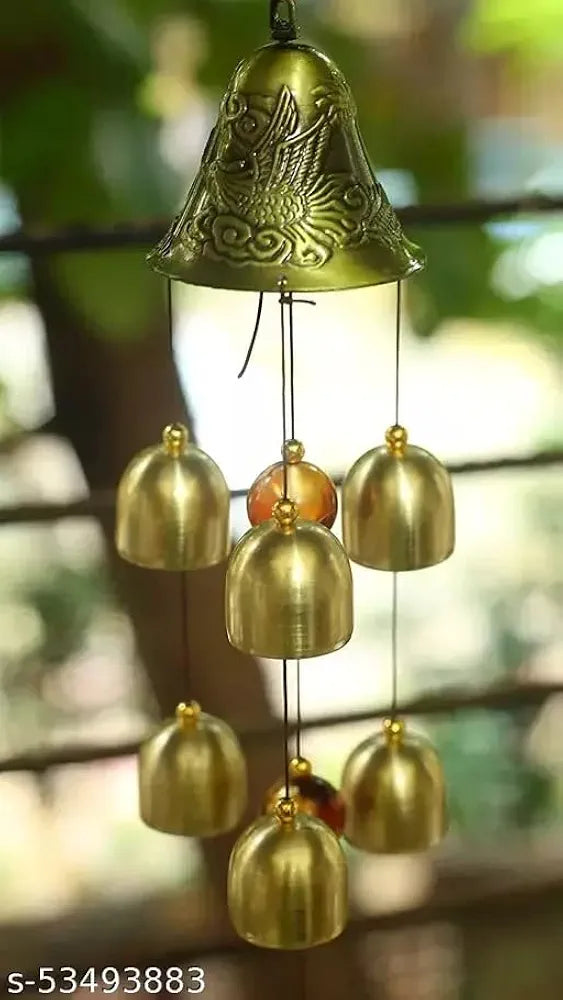 Qwick Click Metal and Wooden Dragon 6 Bell Wind Chime for Home Positivity Hangings Good Luck