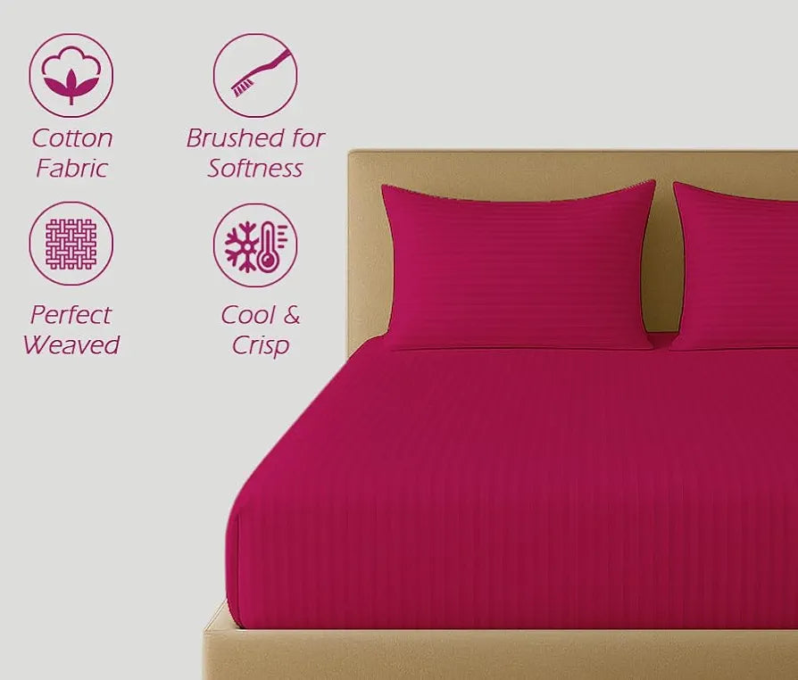 Trance Home Linen 100% Cotton 78x72 inch King Fitted 200TC Satin Stripe Elastic Fitted Bedsheet | Bedroom Hotels Daily Use Fitted Bedspread with 2 Pillow Covers 