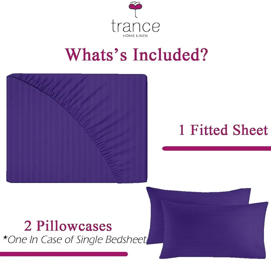 Trance Home Linen 100% Cotton 78x72 inch King Fitted 200TC Satin Stripe Elastic Fitted Bedsheet | Bedroom Hotels Daily Use Fitted Bedspread with 2 Pillow Covers 