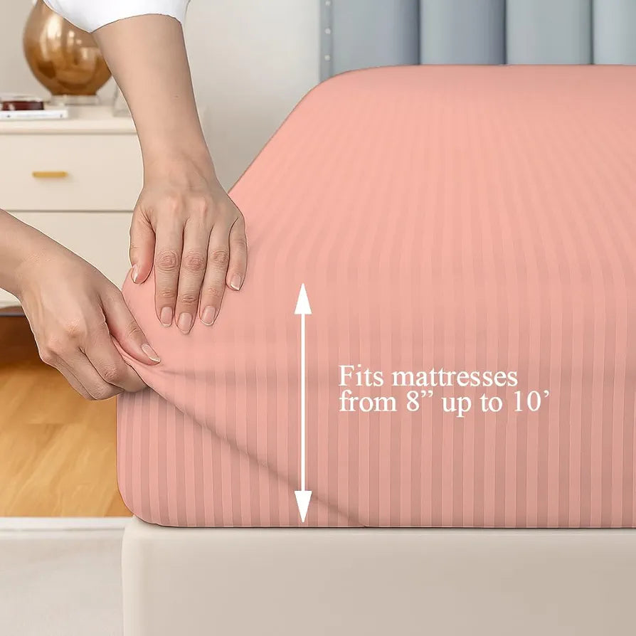 Trance Home Linen 100% Cotton 78x60 inch Queen Fitted 200TC Satin Stripe Elastic Fitted Bedsheet | Daily Use Double Bed Fitted Bedspread with 2 Pillow Covers 