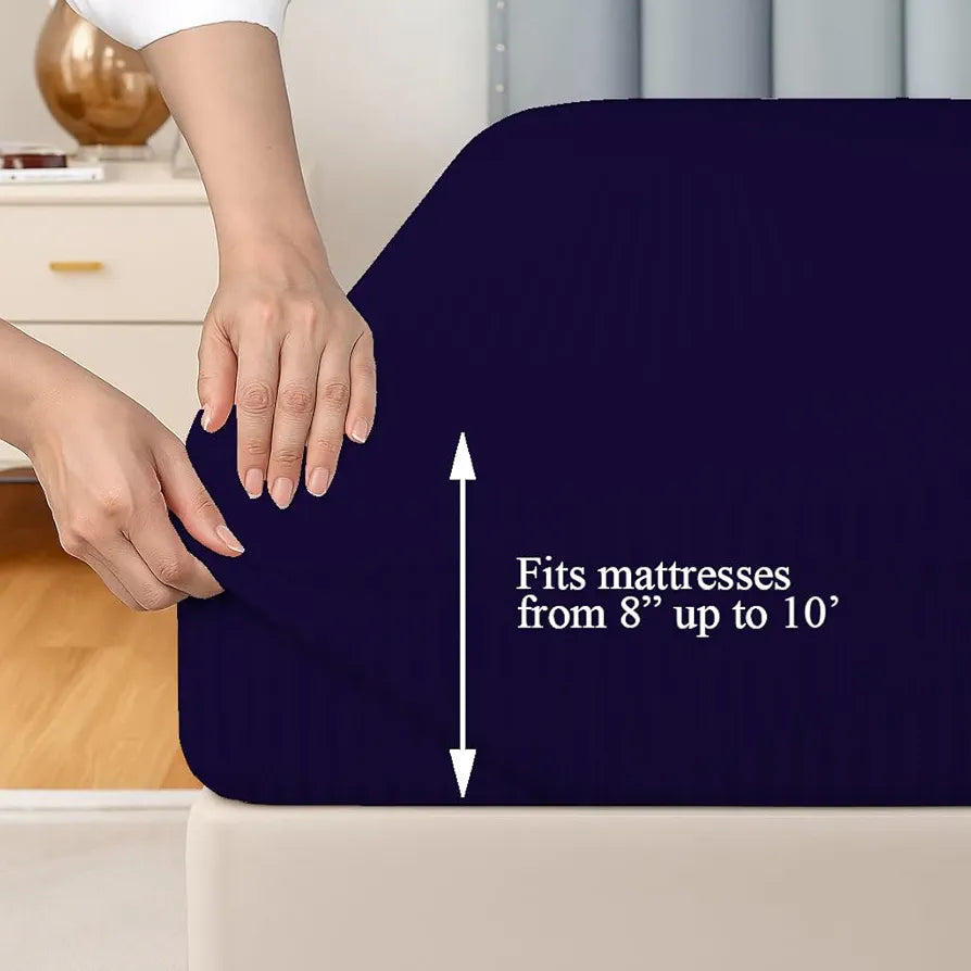 Trance Home Linen 100% Cotton 78x60 inch Queen Fitted 200TC Satin Stripe Elastic Fitted Bedsheet | Daily Use Double Bed Fitted Bedspread with 2 Pillow Covers 